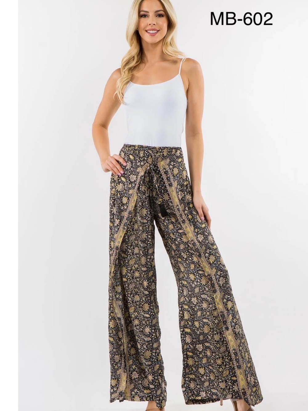 Wide Leg Floral Print Palazzo wrap Pants - Black & Gold
